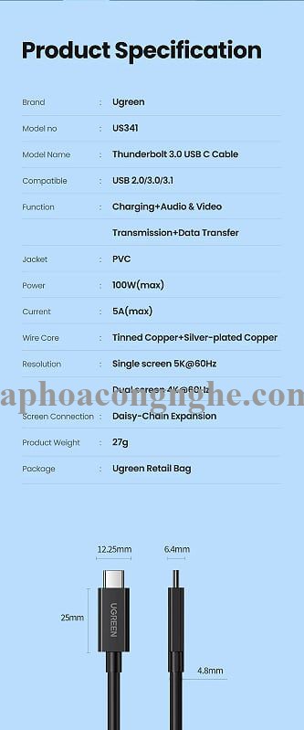 Ugreen 70951 0.8M 40Gbps 100W USB 3.1 cáp USB type C Thunderbolt 3 hỗ trợ PD màu đen US341 30070951